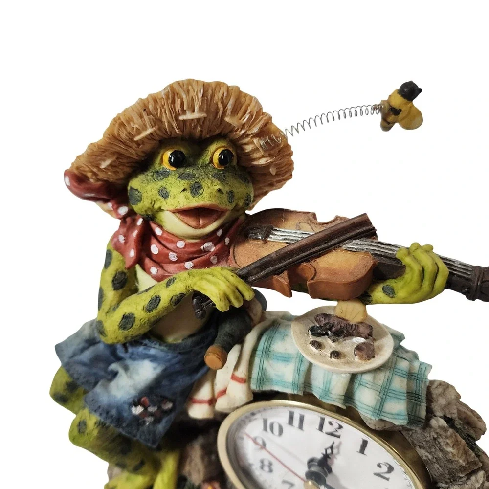 Set of 2 Whimsical Frog Desk Clocks Fishing and Violin Resin Novelty Decor 7in